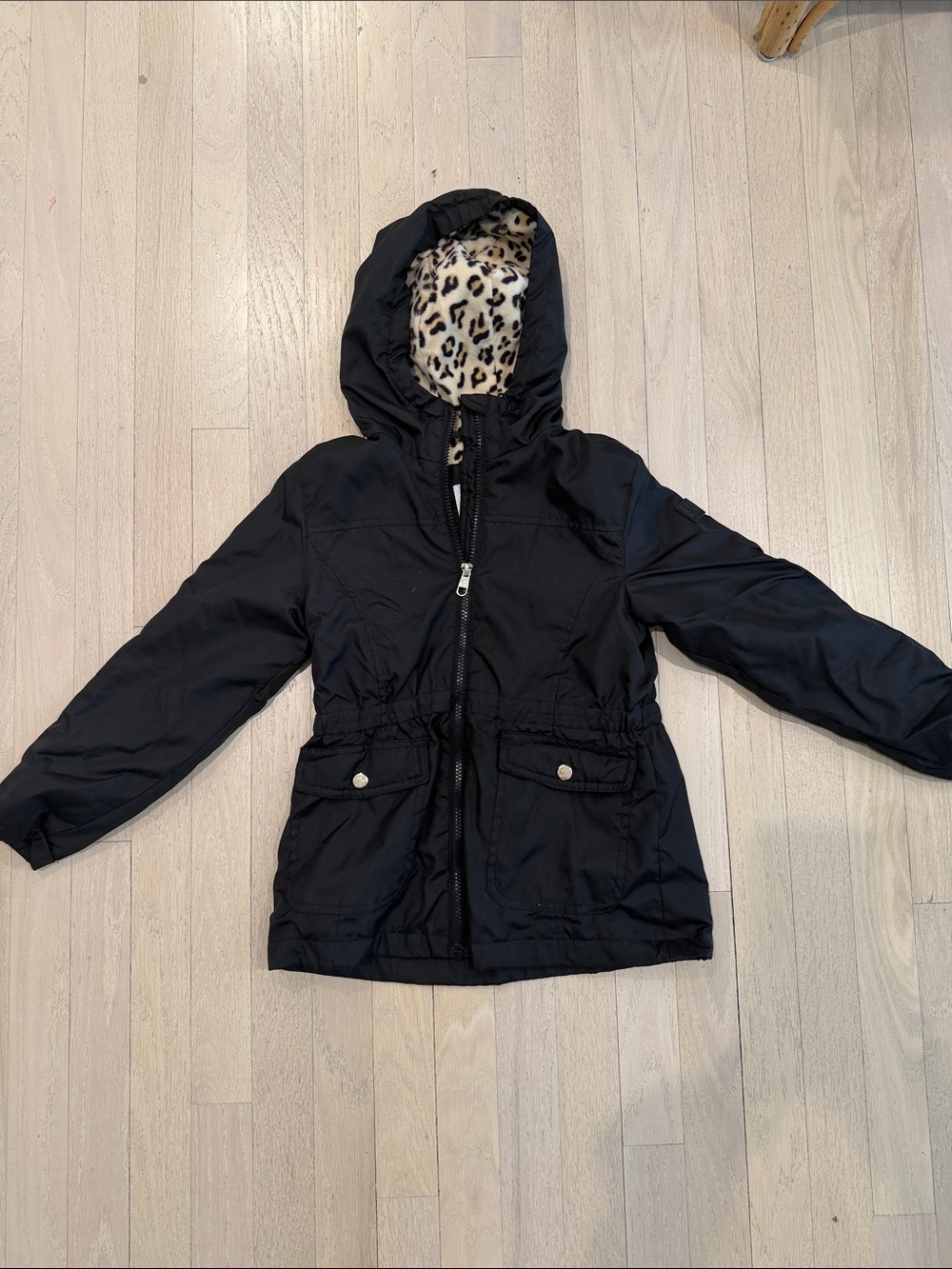 Steve Madden Black Kids Hooded Raincoat with Leopard-Lined Hood